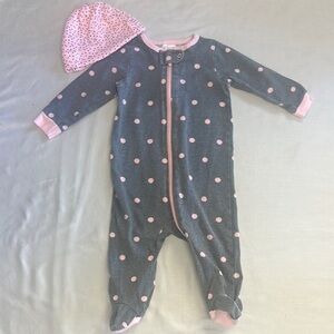 Gerber - Gray and Pink Footie One Piece Sleeper with Polka Dots and matching hat